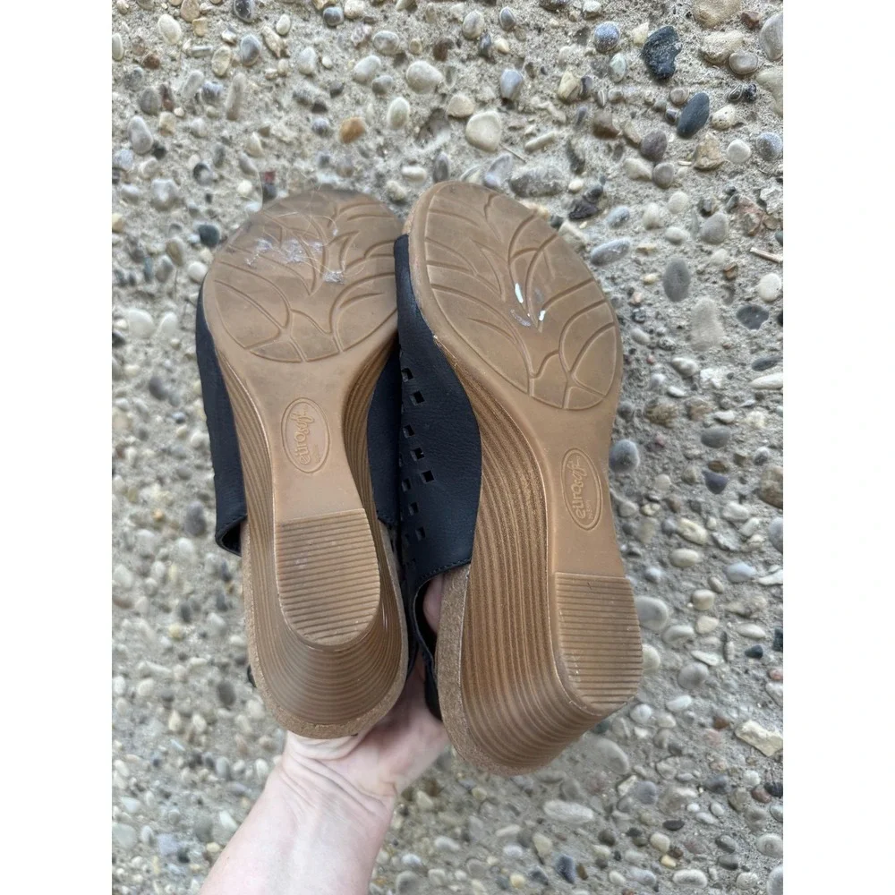 Eurosoft Valerie Wedge Shoes Womens Size 7 Black Peep Toe Sandals Comfort Casual
